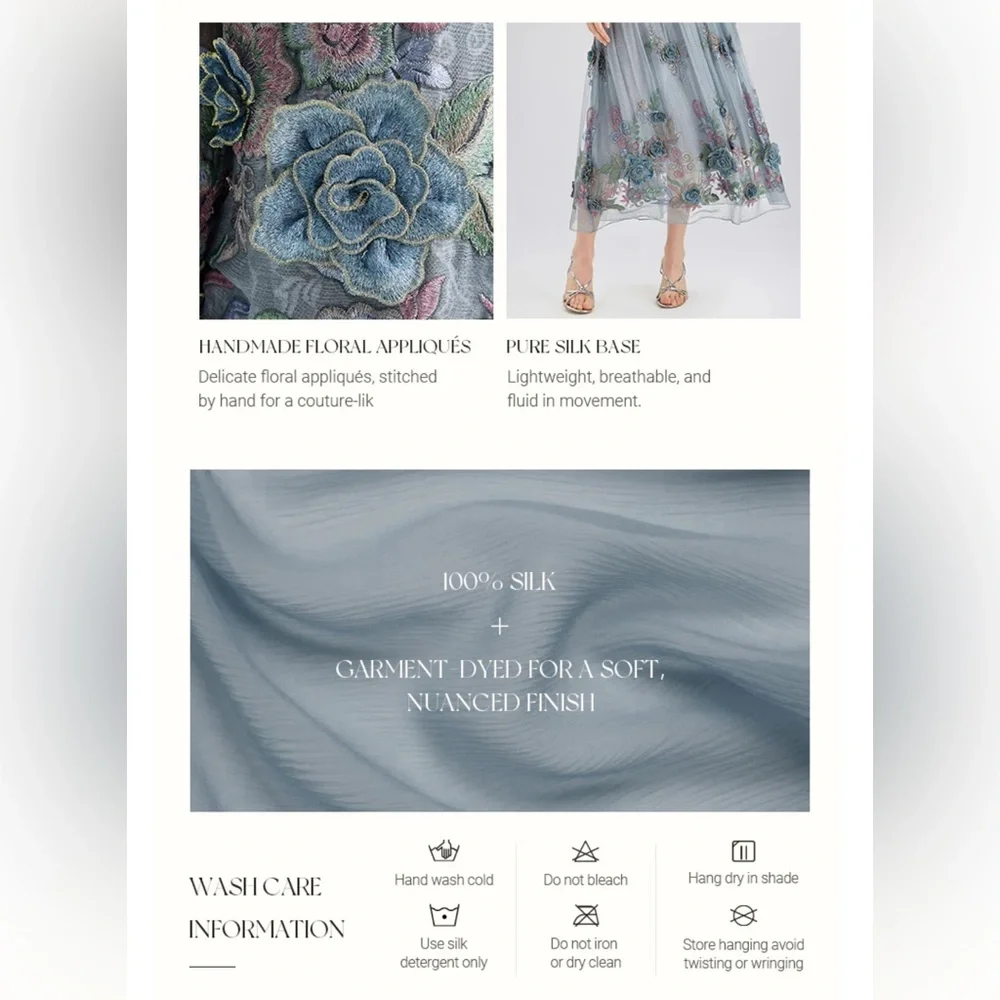 Rich Radi Q’s New York 3D Floral Silk Bluish Gray Top Handcrafted Couture - Picture 4 of 8